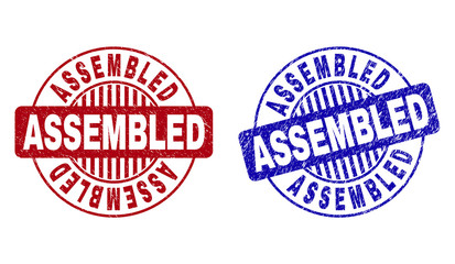 Grunge ASSEMBLED round stamp seals isolated on a white background. Round seals with distress texture in red and blue colors. Vector rubber imprint of ASSEMBLED label inside circle form with stripes.