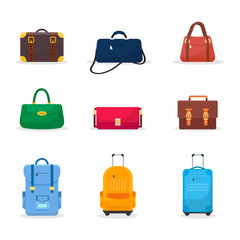 Bags and suitcases flat vector illustrations set