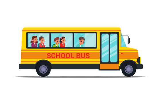 School bus flat vector illustrations set