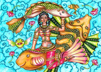 Obraz na płótnie Canvas Indian traditional painting of woman in lake with fish, Kerala mural style with beautiful ornamental background