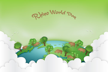 Rhinos on the green world as animal day, nature, living , paper art and craft style concept. vector illustration