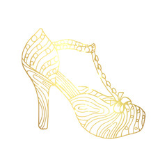 Lady hogh heels or woman T-strap, girl shoes. Golden female boot with doodle style pattern, women clothing ornamental accessory. Glamor and shopping art, hand drawn boutique theme for coloring book