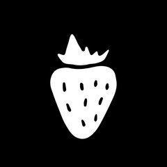 Cute cartoon hand drawn strawberry drawing. Sweet vector black and white strawberry drawing. Isolated monochrome doodle strawberry drawing on black background.
