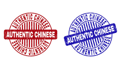 Grunge AUTHENTIC CHINESE round stamp seals isolated on a white background. Round seals with distress texture in red and blue colors.