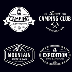 Summer camp with design elements. Camping and outdoor adventure emblems. Vintage typography design with mountain, lamp and campfire silhouette.