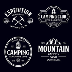Summer camp with design elements. Camping and outdoor adventure emblems. Vintage typography design with mountain, lamp and campfire silhouette.