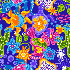 Fototapeta na wymiar Mexican pattern with cute naive art items.