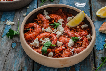 Prawn in tomato sauce with feta cheese, greek cuisine