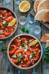 Prawn in tomato sauce with feta cheese, greek cuisine