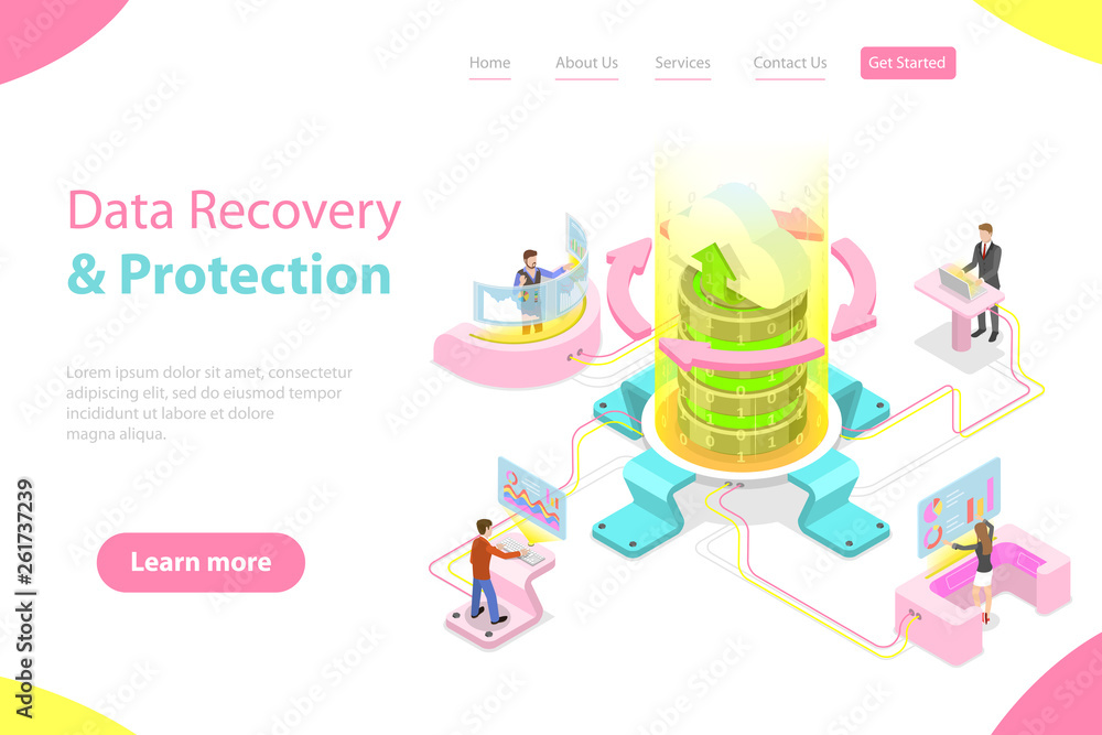 Poster isometric flat vector landing pate template of data recovery services, data backup and protection, h