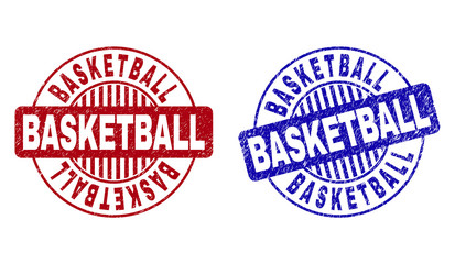 Grunge BASKETBALL round stamp seals isolated on a white background. Round seals with grunge texture in red and blue colors. Vector rubber overlay of BASKETBALL label inside circle form with stripes.