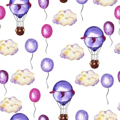 Papier Peint photo Animaux avec ballon Modèle sans couture avec des ballons à air chaud lilas pastel, des ballons roses et violets et des nuages sur fond blanc. Illustration aquarelle dessinée à la main.