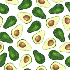 Seamless pattern with fresh avocado on white background. Hand drawn watercolor illustration.