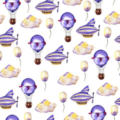 Modèle sans couture avec dirigeables lilas pastel, montgolfières lilas et nuages sur fond blanc. Illustration aquarelle dessinée à la main.