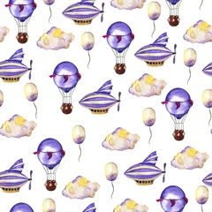 Tapeten Nahtloses Muster mit pastelllila Luftschiffen, lila Heißluftballons und Wolken auf weißem Hintergrund. Handgezeichnete Aquarellillustration. © angry_red_cat