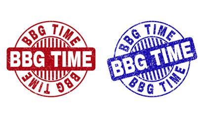 Grunge BBG TIME round stamp seals isolated on a white background. Round seals with grunge texture in red and blue colors. Vector rubber imitation of BBG TIME title inside circle form with stripes.
