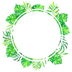 Fototapeta premium Tropical leaf round frame isolated on white background. Hand drawn watercolor illustration. 