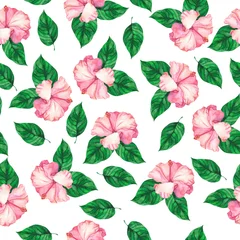 Keuken spatwand met foto Seamless pattern with pink hibiscus flowers and leaves on white background. Hand drawn watercolor illustration. © angry_red_cat