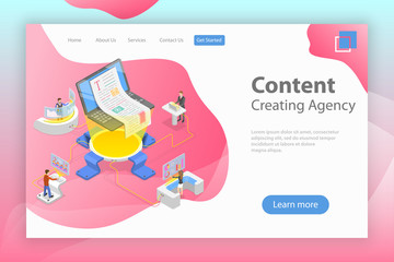 Flat isometric vector landing pate template of content creating, copywriting, creative writing, content marketing.