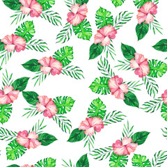 Seamless pattern with pink tropical hibiscus flowers and palm and monstera leaves on white background. Hand drawn watercolor illustration. 