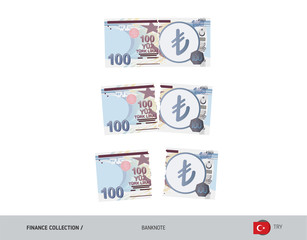 100 Turkish Lira Banknote. Ripped moneys. Flat style vector illustration. Business finance concept.