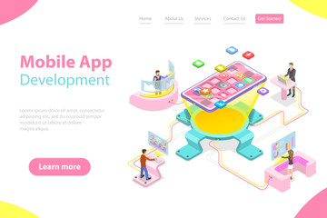 Flat isometric vector landing page template of mobile app development, programming, coding, software.