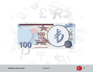 100 Turkish Lira Banknote. Flat style vector illustration isolated on currency background. Finance concept.