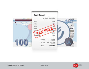 Receipt with 100 Turkish Lira Banknote. Flat style sales printed shopping paper bill with red tax free stamp. Shopping and sales concept.