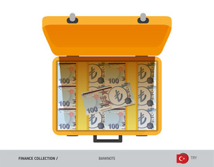 Yellow case with 100 Turkish Lira Banknotes. Flat style vector illustration. Salary payout or corruption concept.
