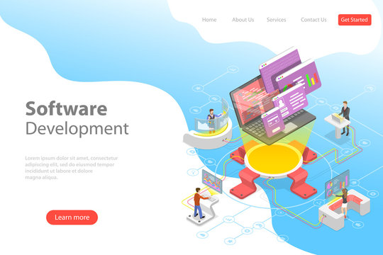 Flat isometric vector landing page template of software development, teamwork, brainstorm, coding