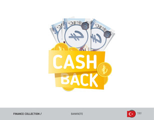 Cash back banner with 100 Turkish Lira Banknotes and coins. Flat style vector illustration. Shopping and sales concept.