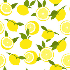 Seamless summer pattern with lemons. Yellow lemons with green leaves on white background. Vector. 