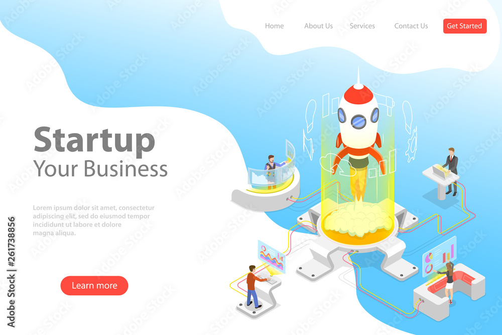 Poster flat isometric vector landing page template of new business startup, project launch.
