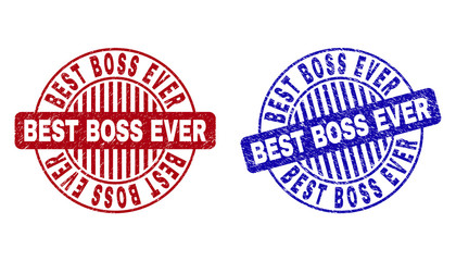 Grunge BEST BOSS EVER round stamp seals isolated on a white background. Round seals with grunge texture in red and blue colors.