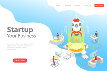 Flat isometric vector landing page template of new business startup, project launch.