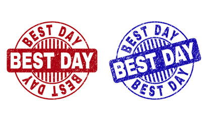 Grunge BEST DAY round stamp seals isolated on a white background. Round seals with grunge texture in red and blue colors. Vector rubber imitation of BEST DAY tag inside circle form with stripes.