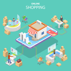 Flat isometric vector concept of easy shopping, e-commerce, online store, mobile payment, fast delivery.