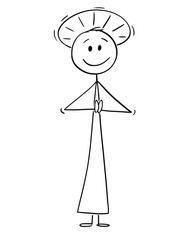 Cartoon stick figure drawing conceptual illustration of holy man or priest with halo around head praying with her hands.