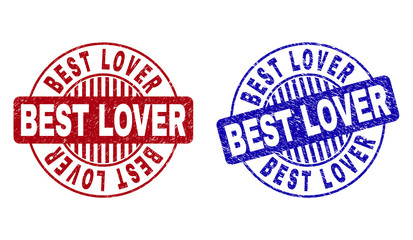 Grunge BEST LOVER round stamp seals isolated on a white background. Round seals with grunge texture in red and blue colors. Vector rubber overlay of BEST LOVER text inside circle form with stripes.