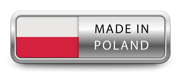 MADE IN POLAND metallic badge with national flag isolated on white background