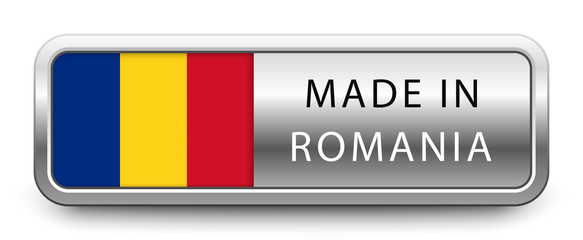 MADE IN ROMANIA metallic badge with national flag isolated on white background