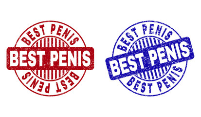 Grunge BEST PENIS round stamp seals isolated on a white background. Round seals with grunge texture in red and blue colors. Vector rubber watermark of BEST PENIS tag inside circle form with stripes.