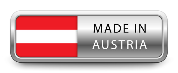 MADE IN AUSTRIA metallic badge with national flag isolated on white background