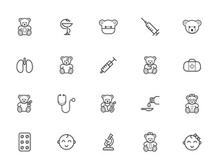 Outline icons set. Pediatric hospital clinic and medical care. Editable stroke. Vector.