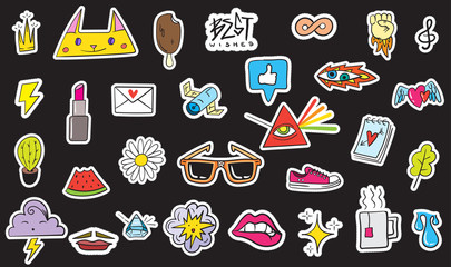 Cute Colorful Modern Patch Set. Fashion patches. Cartoon 80's - 90's style. Vector illustration