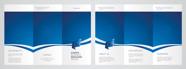 Wavy flag and ribbon of EU Europe three fold brochure modern design blue abstract background