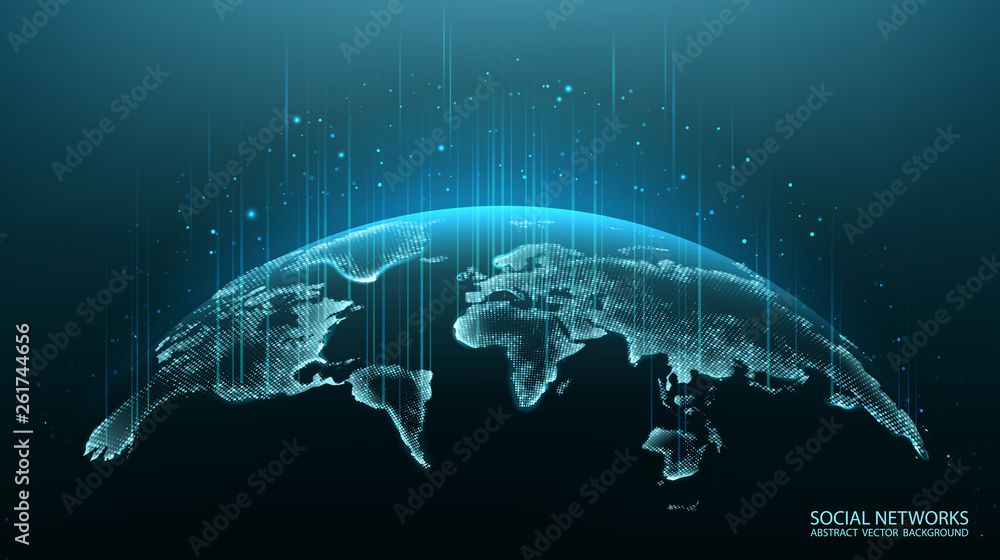 Poster map of the planet. world map. global social network. future. vector. blue futuristic background with