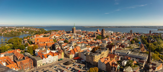 Aerial view of the beautiful old town of Stralsund with a view of the Strelasund and the Baltic...