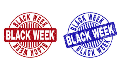 Grunge BLACK WEEK round stamp seals isolated on a white background. Round seals with grunge texture in red and blue colors. Vector rubber imprint of BLACK WEEK tag inside circle form with stripes.