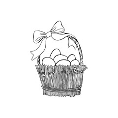 Hand drawn vintage of Happy Easter symbol set, vector ink sketch illustration isolated on white, festive eggs in wicker basket with bow, decorative element line art, for design greeting card